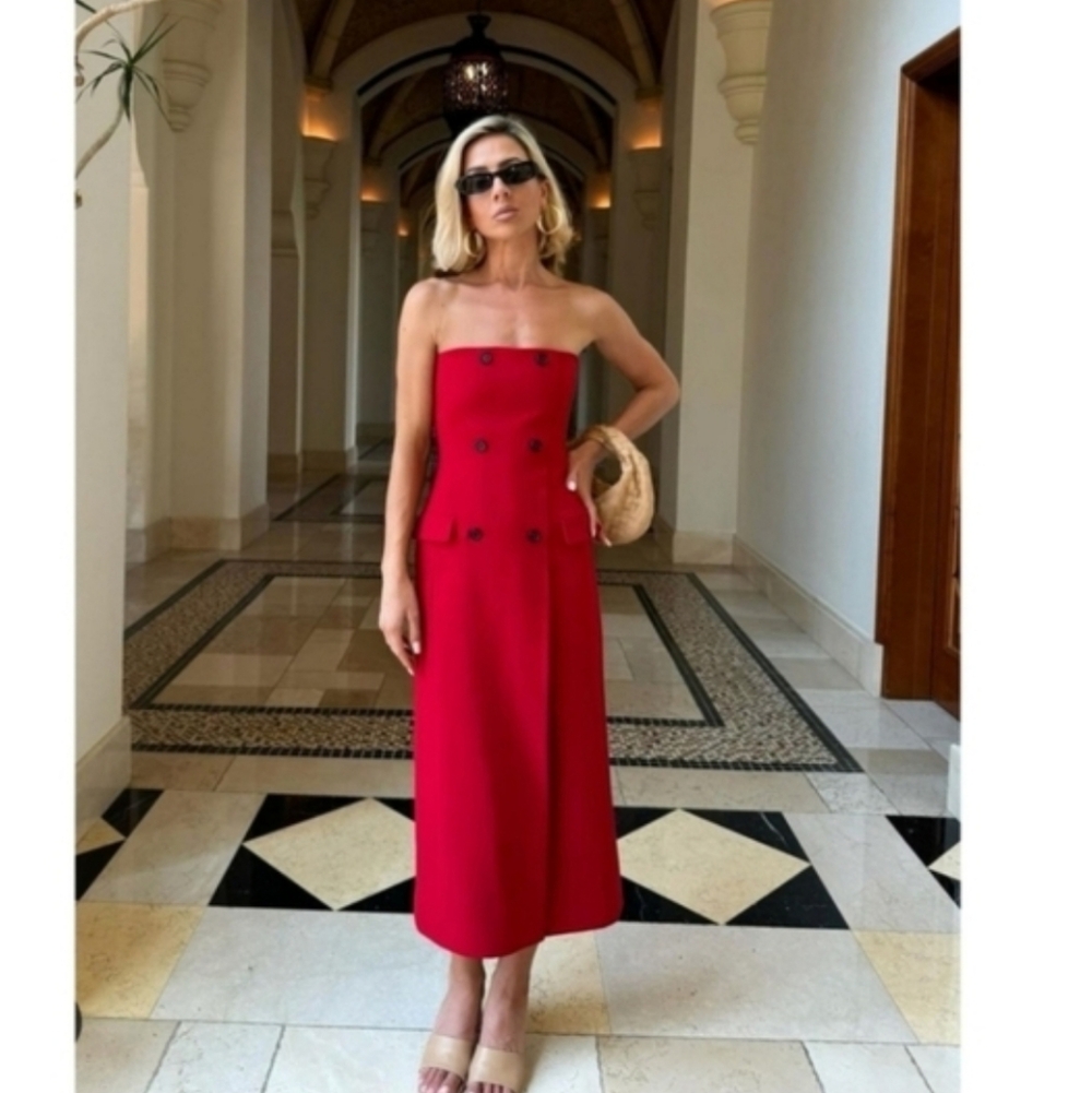 ZARA STRAPLESS CORSET POCKET MIDI DRESS RED SIZE XS
